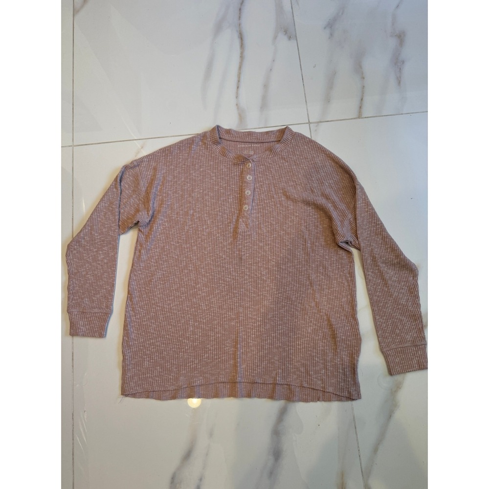 American Eagle Mauve Pink Ribbed Knit Henley Long Sleeve Top Womens Medium